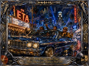 A glossy blue lowrider cruises through a neon-lit Los Angeles night, carrying four animated figures beneath skyscrapers, palm trees, and glowing marquees. Deep blues, golds, and fiery reds create a celebratory, confident mood. Painterly textures blend with cinematic lighting, framed by chrome, microphones, vinyl records, cables, and an engraved title plate.