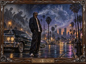 A confident figure stands beside a gleaming lowrider on a rain-slicked Los Angeles boulevard, surrounded by palms, neon reflections, and amber streetlights. Smoky blue-violet vapor forms a ghostly crowned profile overhead, suggesting memory and rising status. The richly textured oil-and-airbrush style is framed in carved wood and chrome.