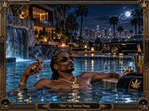 A luxurious nighttime pool scene captures a relaxed, confident figure immersed in shimmering blue water outside a modern hillside mansion. Palm trees, a glowing city skyline, full moon, waterfalls, firelight, a classic black lowrider, and rich gold accents create a sensual West Coast atmosphere. Cinematic lighting, reflective surfaces, and ornate framing complete the polished artwork.