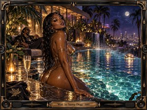 A glamorous woman rises from a moonlit infinity pool overlooking a glowing city skyline, while a relaxed figure lounges nearby amid palms, champagne, and towering speakers. Deep blues, turquoise water, warm gold lighting, and glossy reflections create a sensual, nocturnal mood, framed by ornate black-and-bronze musical detailing.