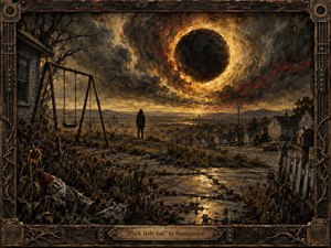 A solitary figure stands beneath a colossal darkened sun over a decaying suburban landscape, surrounded by dead vegetation, broken fencing, and an abandoned swing. Burnished gold, charcoal, rust, and smoky crimson dominate the palette. Dramatic eclipse light reflects across wet pavement, while richly textured painterly detail and an ornate distressed frame deepen the ominous, surreal mood.