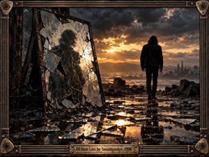 A lone figure crosses a shattered, rain-soaked wasteland toward a distant city beneath turbulent storm clouds and fiery sunset light. A fractured mirror reflects a shadowy double, suggesting deception and broken identity. Black, bronze, and amber tones create a brooding cinematic realism, framed by distressed metal, strings, and engraved details.