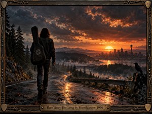 A lone guitarist walks a rain-darkened mountain road toward a glowing Seattle skyline beneath turbulent storm clouds and a fiery sunset. Wet pavement reflects amber light through misty evergreens, creating a brooding homecoming mood. A raven, distant bridges, and rugged terrain deepen the cinematic realism, framed by weathered metal and guitar-string ornamentation.