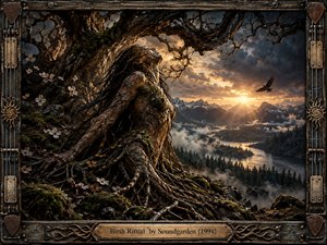 A root-bound figure rises beneath an ancient tree above a misty mountain valley, suggesting struggle, transformation, and rebirth. Dark bark, moss, stone, and storm clouds contrast with warm sunset light. White blossoms and a soaring bird soften the brooding digital realism, enclosed by an ornate guitar-inspired metal frame.