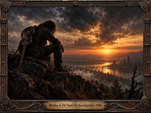 A solitary guitarist sits on a rugged cliff above a misty city and winding river beneath a turbulent sunset. Burnished orange light pierces charcoal storm clouds, creating a brooding, reflective mood. Cinematic realism, weathered textures, twisted branches, and an industrial guitar-string frame reinforce themes of isolation, burden, and endurance.