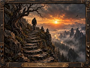A lone traveler climbs rugged stone steps above a mist-filled mountain valley beneath a twisted tree and watchful raven. Fiery sunset light breaks through storm clouds, casting amber highlights across dark rocks and distant spires. A weathered guitar-inspired metal frame and engraved brass title plate reinforce the brooding rock atmosphere.