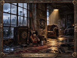A battered electric guitar and amplifier rest inside a rain-soaked industrial loft overlooking Seattle, surrounded by records, cables, headphones, and worn furnishings. Cool blue-gray storm light contrasts with a warm hanging lamp, creating a gritty, nostalgic grunge atmosphere. Distressed metal framing and musical hardware reinforce the raw, weathered photographic style.
