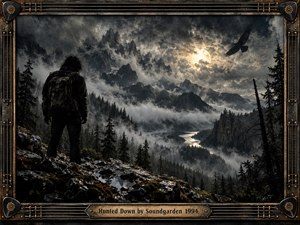 A lone figure stands on a rain-darkened ridge above a vast mountain wilderness, surrounded by swirling fog, jagged peaks, and dense evergreen forest. Muted charcoal, silver, and earthy tones create an ominous, hunted mood, while moonlight breaks through turbulent clouds. An ornate guitar-inspired metal frame completes the dramatic composition.