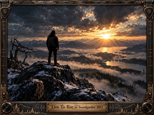 A lone traveler stands on a snow-dusted rocky summit above misty forests, lakes, and distant mountains beneath turbulent clouds. Brilliant golden sunset rays break through the darkness, creating a resilient, uplifting mood. Cinematic photographic realism, rugged textures, warm highlights, and an ornate guitar-inspired metal frame reinforce the powerful rock atmosphere.