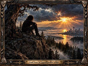 A solitary musician rests beside a weathered guitar on a rocky overlook above Seattle, framed by dark evergreens and misty water. Storm clouds split around a fiery golden sunset, creating a brooding yet powerful atmosphere. An ornate industrial guitar-themed frame reinforces the rugged cinematic rock aesthetic.