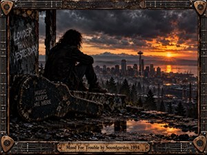 A lone figure sits beside a battered guitar case overlooking Seattle beneath turbulent storm clouds and a fiery sunset. Wet ruins reflect orange light while dark evergreens frame the distant skyline and mountains. Distressed metal, guitar strings, picks, and engraved details form a rugged grunge-inspired decorative frame.