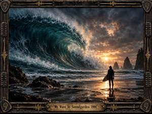 A lone surfer faces a towering dark teal wave beneath brooding storm clouds, framed by jagged coastal rocks and distant sea stacks. Golden sunset light cuts through the turbulent sky, reflecting across wet sand. The cinematic photographic style creates a powerful, defiant mood, enclosed by an ornate weathered metal frame.