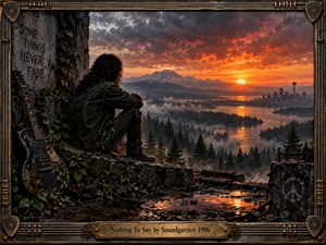 A solitary long-haired figure sits above a misty forest and distant Seattle skyline at fiery sunset, beside a weathered electric guitar. Dark concrete ruins, creeping ivy, reflective water, and dramatic clouds create a brooding grunge atmosphere. An ornate metallic guitar-string frame and engraved brass title plate complete the cinematic composition.