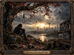 A solitary figure sits beneath a twisted autumn tree overlooking a misty Seattle skyline, while a suspended noose and watchful raven deepen the ominous mood. Storm clouds break around golden sunset light, illuminating water, mossy rocks, rusted structures, and falling leaves within an intricately weathered, guitar-inspired metal frame.