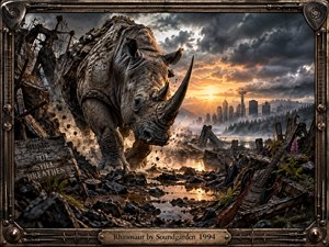 A massive rhinoceros charges through shattered industrial ruins beneath storm-darkened skies, framed by Seattles distant skyline and a fiery sunset. Mud, debris, twisted metal, and a battered guitar create a gritty, apocalyptic mood. Dramatic golden light, deep charcoal tones, and intricate realism evoke raw grunge-era power and defiance.