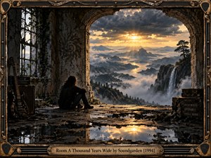 A solitary figure sits inside a ruined stone hall, facing a vast misty mountain valley illuminated by a dramatic golden sunset. Broken windows, ivy, a guitar, amplifier, puddles, and weathered masonry create a brooding grunge atmosphere. An ornate metallic guitar-inspired frame and engraved title plate complete the cinematic composition.