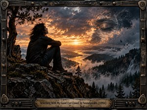 A solitary figure sits on a rocky overlook above a misty mountain valley at sunset, gazing toward golden light beneath turbulent clouds. A ghostly closed eye emerges in the stormy sky, creating a brooding surreal mood. Dark forests, waterfalls, birds, and an ornate metallic guitar-string frame complete the cinematic composition.