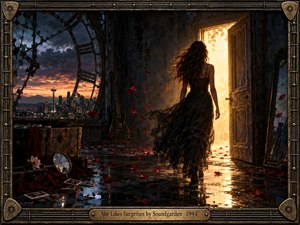 A dark-haired woman in a flowing black dress crosses a rain-slicked ruined room toward a radiant doorway. Storm clouds, a distant Seattle skyline, broken architecture, scattered photographs, red petals, and a guitar create restless mystery. Golden light contrasts with deep blue shadows, framed by ornate weathered metalwork and musical details.
