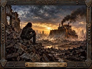 A lone long-haired figure sits amid shattered concrete and twisted steel, confronting a massive rusted bulldozer advancing through an industrial wasteland. Golden sunset light cuts beneath turbulent gray clouds and black smoke, creating a tense, oppressive mood. An ornate riveted metal frame reinforces the gritty cinematic realism.