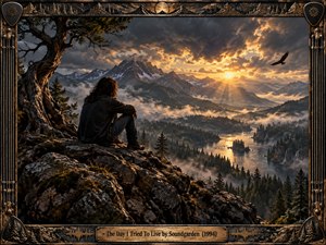 A solitary figure sits on a rocky overlook beneath a twisted tree, contemplating a vast mountain valley filled with mist, forests, and winding water. Golden sunlight breaks through turbulent clouds, contrasting warm amber with brooding gray. An ornate guitar-inspired metal frame reinforces the introspective, dramatic cinematic atmosphere.