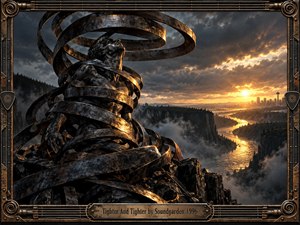 A dark figure stands bound within spiraling bands of weathered metal above a misty canyon, conveying pressure, struggle, and mounting tension. Storm clouds break around a fiery sunset, illuminating a winding river and distant city. An industrial bronze frame with guitar strings, picks, and engraved hardware reinforces the brooding grunge aesthetic.
