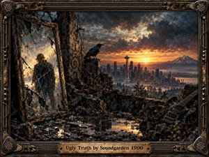 A shattered mirror reflects a solitary figure amid ruined stone, tangled vines, and scattered glass overlooking Seattle at sunset. A black crow and battered guitar deepen the brooding mood. Fiery orange light breaks through storm clouds, contrasting cool shadows, while an ornate weathered metal guitar-themed frame encloses the cinematic scene.