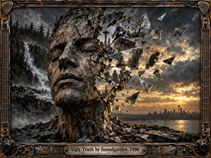 A monumental weathered stone face fractures into suspended glass shards above a rugged Pacific Northwest landscape. Dark waterfalls and pines contrast with a glowing Seattle sunset, while reflected eyes and isolated figures suggest inner conflict. An industrial guitar-inspired metal frame reinforces the brooding, grunge-era atmosphere.