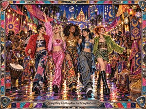Five stylish women stride joyfully through a dazzling nighttime street festival, surrounded by dancers, musicians, patterned banners, glowing lanterns, and vivid city lights. Saturated pinks, golds, blues, and greens create exuberant energy, while reflective pavement intensifies the illumination. A jeweled metallic frame gives the scene a handcrafted, celebratory pop-art finish.