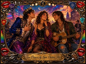 A vibrant 1990s rock-inspired love triangle fills a glowing city-night setting, with a smiling woman between an ornate crowned prince and a relaxed guitarist. Saturated blues, magentas, reds, and golds shine under warm stage lighting. Detailed digital painting, musical motifs, red lips, chrome filigree, and an engraved title plate complete the playful frame.
