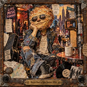 A whimsical biscuit-headed figure lounges in a vibrant New York streetscape, surrounded by neon signs, vintage posters, musical memorabilia, and steaming coffee. Layered paper collage textures, distressed denim, amber lighting, and rich blues create playful nostalgia. A weathered wooden frame with guitar strings and brass detailing completes the artwork.