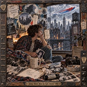 A wistful young man sits amid photographs, scattered papers, and a sleeping cat, gazing toward a rain-darkened city skyline. A crimson and blue streak cuts through storm clouds above glowing windows. Torn posters, handwritten notes, and warm lamplight create a playful, yearning 1990s collage, enclosed by a weathered guitar-inspired frame.