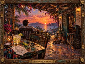 A relaxed traveler overlooks a glowing coastal sunset from a rustic tropical cantina. Golden lanterns illuminate weathered turquoise furniture, flowering vines, a sparkling margarita, and a sleeping dog. Vibrant coral skies meet violet mountains and shimmering waters. Rich painterly textures and a guitar-inspired wooden frame evoke warmth, nostalgia, and carefree escape.