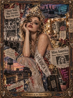 A weary beauty queen wearing a glittering crown and sash rests her cheek on one hand, surrounded by torn headlines, faded photographs, roadside scenes, and dressing room lights. Dusty reds, tarnished gold, and smoky blues create a bittersweet atmosphere. Rich mixed-media collage textures fill an ornate brass frame.