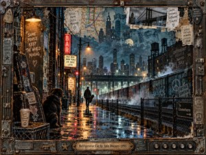 A lone musician carrying a guitar case walks beside misty freight cars through a rain-soaked city at night. Amber streetlights and red neon shimmer across blue-gray pavement beneath distant skyscrapers. Torn maps, weathered posters, and handwritten fragments create a gritty, nostalgic mixed-media collage, enclosed by an ornate rusted-metal frame.