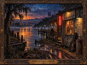 A weathered riverside juke joint glows beneath an indigo sunset, its red neon reflected in muddy puddles. A solitary figure watches amber light ripple across misty water, beyond a moored boat and distant bridge. Richly textured oil brushwork and an ornate guitar-themed wooden frame deepen the soulful, nostalgic atmosphere.