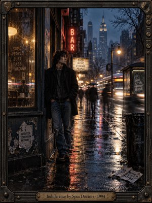 A solitary young man leans against a weathered storefront on a rain-soaked city street, detached from passing crowds and traffic. Amber streetlights and crimson neon shimmer across wet pavement beneath a misty blue skyline. Cinematic photographic realism, ghostly motion blur, faded posters, and an ornate metallic guitar-inspired frame evoke urban isolation.