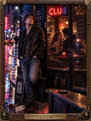 A wistful young man in a worn leather jacket lingers outside a bustling nightclub as a blurred couple mingles behind glass. Red neon, cobalt shadows, and warm amber lights illuminate rain-soaked pavement. Cinematic photography captures romantic jealousy and longing, while a fallen rose and guitar-inspired brass frame evoke early 1990s rock.