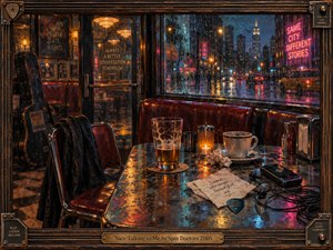 A rain-soaked city glows beyond a deserted diner booth, where unfinished drinks, a handwritten note, and a forgotten jacket suggest a conversation ended. Rich amber, burgundy, and electric blue reflections illuminate the intimate scene. Expressive oil-painted textures, neon signs, and a guitar-inspired wooden frame create bittersweet urban nostalgia.