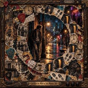 A solitary man stands beneath amber streetlights on a rain-soaked city street, surrounded by spiraling fragments of clocks, guitars, coffee cups, and footprints. This intricate mixed-media collage blends torn photographs, weathered paper, and distressed textures. Deep teal, rust, and golden reflections evoke restless nostalgia within an ornate musical frame.