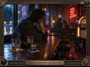 A weary man leans over a rain-soaked bar, watching a distant couple through smoky shadows. Blue streetlight and crimson neon illuminate whiskey glasses, empty stools, and reflective surfaces. Cinematic 1990s photography captures jealousy, disbelief, and loneliness, enclosed within a weathered guitar-inspired metal frame featuring an engraved brass title plate.