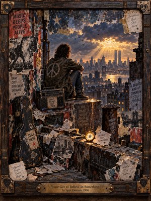 A lone figure watches a sprawling city from a weathered rooftop as golden light breaks through storm clouds. Torn posters, a battered radio, guitar case, and glowing compass evoke stubborn hope amid urban decay. Rust reds, smoky blues, and amber highlights enrich the textured mixed-media collage, enclosed by wood and brass.