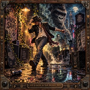 A swaggering musician strides through a rain-soaked city alley beneath amber streetlights, while a colossal spectral gorilla emerges from smoky midnight clouds. Neon reflections, tangled vines, battered amplifiers, and graffiti surround him. The cinematic digital artwork blends gritty urban textures with playful primal energy, enclosed in an ornate guitar-inspired metal frame.
