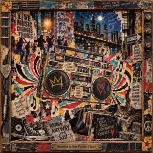 A weathered boombox dominates a vibrant mixed-media street collage, radiating swirls of red, teal, and gold. Dancing silhouettes enliven a moonlit skyline and glowing bridge. Torn posters, vinyl records, worn sneakers, and a sleeping cat add nostalgic character, while a distressed musical frame encloses the exuberant scene.