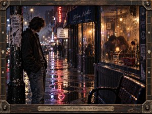 A solitary man watches a couple through a rain-streaked cafe window on a neon-lit 1990s city street. Amber warmth contrasts with cold blues, shimmering puddles, and fractured reflections. Cinematic analog photography captures jealousy and disbelief, while a wilting flower, glowing heart, and weathered guitar-inspired frame deepen the melancholy atmosphere.