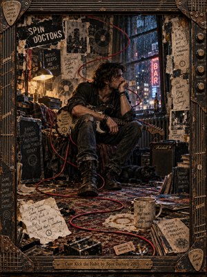 A weary guitarist sits in a cluttered room, staring through rain-streaked windows at neon city lights. A looping red cable winds across scattered records, handwritten notes, and a worn rug. Warm lamplight meets cold blue shadows in this gritty mixed-media collage, enclosed by a weathered guitar-inspired frame and brass title plate.