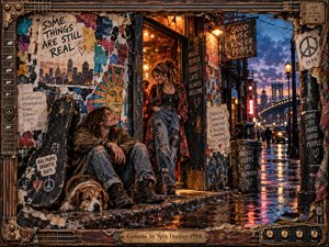 A bohemian couple shares a warm smile outside a glowing music club, while a loyal dog rests beside a battered guitar case. Rain-soaked streets reflect amber lights beneath indigo twilight. Torn posters, handwritten messages, and vibrant urban textures create a nostalgic mixed-media collage, enclosed within a weathered, guitar-inspired wooden frame.