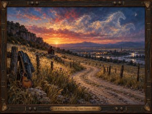 A wistful oil painting depicts a lone traveler overlooking a sunset valley, where ghostly horses emerge from swirling crimson and violet clouds. A winding dirt road passes golden grasses, weathered fences, and an abandoned guitar. Warm twilight illuminates distant town lights, while an ornate wooden frame evokes nostalgic musical longing.