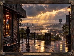 A solitary figure overlooks a rain-soaked riverside town as golden sunlight breaks through brooding storm clouds. Wet pavement mirrors glowing streetlamps and a distant steel bridge, while a neon guitar warms a shadowed storefront. Cinematic photographic realism, muted blues, amber highlights, and a weathered guitar-inspired frame evoke bittersweet hope.