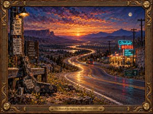 A glowing highway curves through a rugged valley beneath a fiery orange and violet sunset. A neon motel, weathered music posters, and a battered guitar case evoke restless journeys. Golden reflections guide the eye toward distant mountains, while richly textured oil brushwork and an ornate wood-and-brass frame deepen the nostalgia.