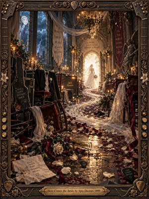 A glowing bride appears beneath a golden arch in a weathered Gothic chapel. Scattered roses, fallen chairs, guitar equipment, and flowing lace trace a winding aisle. Stormy blue windows contrast with amber candlelight, blending romance and disorder. Detailed surreal digital painting fills an ornate brass-and-wood frame with engraved title plate.